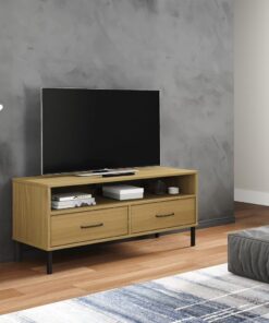 ZXLIHS Meuble TV avec Pieds en métal, Meuble TV de Rangement en Bois de pin Massif, Table d'appoint Marron Rustique pour Le Salon, Console multimédia avec tiroirs Compartiment