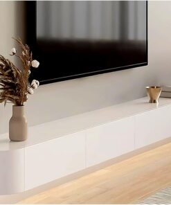 Modern Wood Entertainment Center Meuble TV flottant noir avec armoires de rangement et étagères – Console multimédia murale pour salon et chambre à coucher, portes rabattables