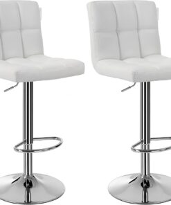 SONGMICS Chaises de Bar, Lot de 2, Tabourets Hauts, Hauteur Réglable, Revêtement en PU, Rotatif sur 360°, avec Dossier et Repose-pieds, Pied Chromé, Blanc LJB64W