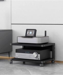 Meuble multimédia AV à 2 Niveaux, Meuble HiFi, Meuble stéréo, Tour Audio en Bois avec roulettes, étagère Audio-vidéo Moderne, Console de Jeux, étagère de Divertissement(Svart,50x40x55cm)