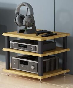 Meuble Hi Fi Ouvert, Meuble Rack Audio avec Clous Amortisseurs, Meuble Stéréo avec Cadre en Acier, Meuble de Rangement Vidéo, pour Composants Stéréo de Divertissement(Natural,3 tier 40x35x3