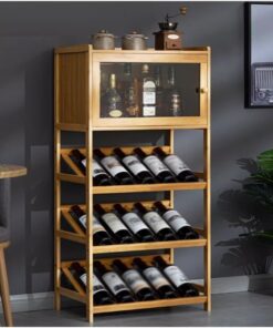 Étagère à vin en Bois Massif à 4 Niveaux avec Armoire, Rangement élégant pour Bar à Domicile, Salle à Manger, Salon ou Cuisine, Finition Naturelle 52 x 32 x 116 cm