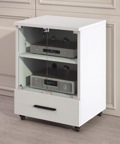 Armoire stéréo en bois, support audio, armoire de rangement pour composants stéréo avec roulettes, armoire AV avec portes en verre, boîte de câble pour console DVD, blanc, 2 couches