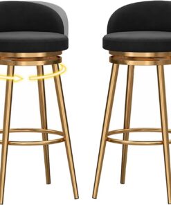 Lot de 2 tabourets de bar pivotants à hauteur de comptoir avec dossier et base dorée, tabourets modernes en velours, chaises de bar, tabourets d'îlot rembourrés de 65 cm pour bar à domicile, noir