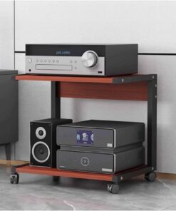 Meuble multimédia AV à 2 Niveaux, Meuble HiFi, Meuble stéréo, Tour Audio en Bois avec roulettes, étagère Audio-vidéo Moderne, Console de Jeux, étagère de Divertissement(Rot,50x40x50cm)