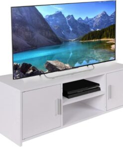 BAKAJI Meuble TV en Bois MDF Buffet avec Base de télévision 2 Compartiments Ouverts pour Console de Jeux DVD et 2 Portes, Dimensions 110 x 35 x 36 cm, Couleur Blanche, Design Moderne