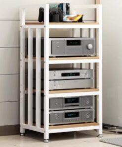 Meuble Audio à 4 Niveaux pour Composants AV, Meuble HiFi multimédia réglable avec Pieds, Meuble Audio sur Pied pour Salon et Studio d'enregistrement (Blanc et Naturel)