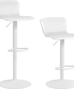 HOMCOM Lot de 2 Tabourets de Bar Réglables Hauteur Assise Pivotante Blanc | Assise en Plastique, Dossier Incurvé, Repose-Pieds, Chaises de Bar, Chaise Haute Cuisine, Salle à Manger, Comptoir