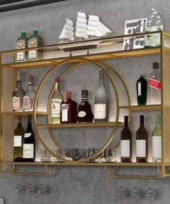 Casier à vin Flottant avec Porte-Verres, Fixation Murale, Meuble de Bar pour la Maison, la Cuisine, Le Bar, décoration dorée, 140 x 15 x 10 cm