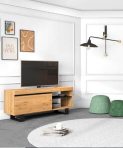 Skraut Home | Meuble TV Modèle Naturale | 120 x 40 x 53 cm | Finition Couleur Chêne/Noir | Salon- Séjour | Support Télévision, avec étagères et placards de Rangement. (Naturale 120 Pieds)