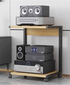 Meuble multimédia AV à 2 Niveaux, Meuble HiFi, Meuble stéréo, Tour Audio en Bois avec roulettes, étagère Audio-vidéo Moderne, Console de Jeux, étagère de Divertissement(Natural,50x40x60cm)