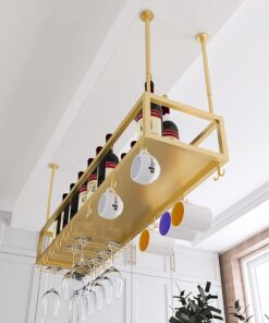 Casier à vin Suspendu Porte-Bouteille de vin, décoration de Plafond Porte-Verre à vin avec Porte-Verres à Pied, pour Bars Restaurants Cuisines Étagère de Rangement pour Bouteilles