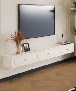 Générique Meuble TV Flottant Mural Moderne en Bois Massif avec tiroirs, Console multimédia de Divertissement, Console TV Flottante avec Portes rabattables, Meuble TV pour Salon (Beige, 120 x 24 x 20)