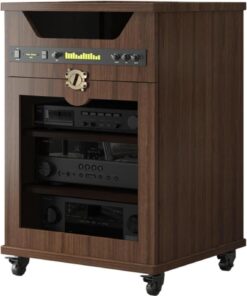 Meuble HiFi, Meuble Rack Audio en Bois Massif, Meuble stéréo avec Conception de Roue Universelle, Meuble Audio Vidéo, Conception à Dos Ouvert, Conception de Panneau Respirant(70cm/27.5in)