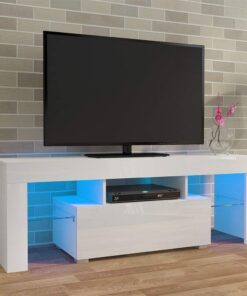 ZXLIHS Meubles TV LED, Meuble TV 130 cm avec lumières LED RVB Multicolores, Porte Brillante Corps Mat, Meuble TV avec Grand tiroir de Rangement multimédia pour Le Salon (Blanc)