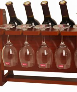 Casier à vin en Bois pour Cuisine et Bar Support à Verres Autonome pour 6 Verres à vin et 4 Bouteilles Présentoir de comptoir ou Suspendu 19 × 9 × 14 Pouces Couleur Bordeaux