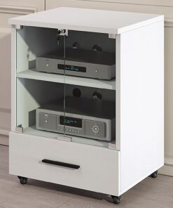 Meuble Stéréo, Meuble Hi FI avec Tiroir, Meuble Audio Vidéo Mobile, Meuble de Rangement Multimédia avec Porte en Verre Trempé, Support TV avec Trous pour Câbles(Wit,2 Tier 60x52x77CM)
