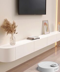 Meuble TV flottant de 120 cm de large, moderne, blanc + pierre frittée, meuble TV mural pour salon