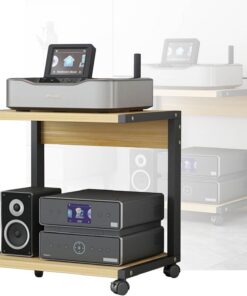 Support Audio, Support multimédia, Meuble multimédia AV à 2 Niveaux, Meuble de Composants, Support de Rangement Ouvert, Tour sur Pied avec étagère en Bois réglable en Hauteur pour Chambre à