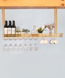 Étagère à vin Suspendue avec Support pour Verres et écran LED, étagère de Plafond en métal à Hauteur réglable pour Bar et Cuisine, Peut contenir des Bouteilles de vin et des Tasses (doré 80