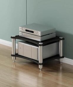 Meuble Audio Moderne à 2 Niveaux pour chaîne stéréo, Noir, avec Coins arrondis, idéal pour Ranger platines vinyles et systèmes Audio.