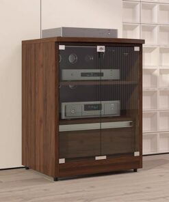 Meuble Hi FI avec Rangement, Meuble Stéréo avec Étagères Réglables, Meuble Rack Audio avec Portes en Verre, Bois Rack Audio Couvercle Rabattable(Walnut,2-Tier)