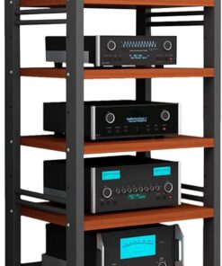 Meuble Hifi,Meuble Stéréo à 5 niveaux,Meubles Multimedia AV avec Roulettes,étagères audio-vidéo avec étagères réglables en hauteur,Meuble Imprimante,pour Salon,Bureau,Salle de jeux(Black+Teak)