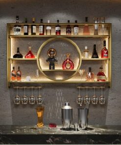 Casier à vin Industriel Flottant en métal avec éclairage LED, Support pour Verres, Rangement pour Bouteilles d'alcool, décoration élégante pour Bar, Finition dorée, 120 cm