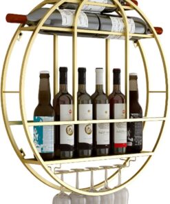 Porte-Bouteilles de vin Mural Rond, étagère à liqueurs de Bar avec Support en Verre, présentoir Suspendu pour la Cuisine de la Salle à Manger du Bar à la Maison - Or, Noir