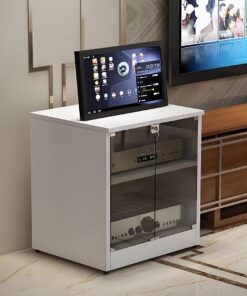 Rack Audio, Meuble HiFi Audio réglable en Hauteur, Meuble Rack Audio, Meuble de Rangement for stéréo multimédia, avec Portes en Verre for Salon, Bureau/DJ/théâtre(Wit,23.6"x19.6"x23.6")