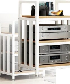 Support Audio, Support multimédia, Support multimédia, Armoire pour Composants Audio/vidéo, Support stéréo à 3 Niveaux, Tour Debout avec Panneaux en Bois réglables en Hauteur pour la Maison/