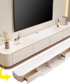 Meuble TV Moderne, Centre de Divertissement avec 2 tiroirs et étagères, Grande Console multimédia, Meuble TV avec Rangement pour Salon (Blanc, 300 cm)