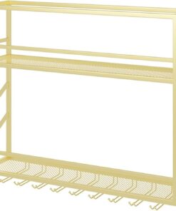 Étagère à vin Murale Moderne en métal doré avec Support pour Verres, Rangement Suspendu à 2 Niveaux pour Bar et Alcool, Support à vin Flottant 47" x 10" x 31"