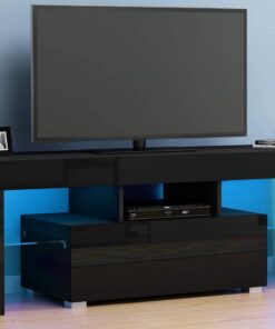 ZXLIHS Meuble TV LED RVB, 130 cm de Largeur, Bureau TV avec tiroir de Rangement pour Meubles de Salon de Divertissement (Corps Noir Mat façades Noires Brillantes)