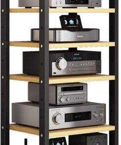 Meuble Hi FI, Meuble stéréo d'enregistrement Simple, Poulie inférieure avec Frein, Meuble Rack Audio à 6 Couches, avec étagères réglables, for Salon/Studio de Jeux(Wood Color)