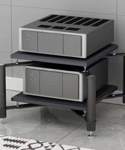 Meuble Hi FI, Support Meuble stéréo avec Pieds amortisseurs, Meuble Audio Vidéo AV Amovible, Meuble Rack Audio en Acier et Bois(Nero,27.5x19.6/70x50cm)