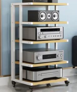 Support audio 4 niveaux noir Hifi Rack AV avec roue de frein Coin Audio Vidéo Composants Armoire pour équipement stéréo Tour audio ouverte étagère pour stockage multimédia