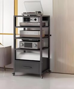 Audio/vidéo Chariot À Roulettes Pour Supports Audiovisuels Mobiles,Support Multimédia Avec Roulettes,Support De Lecteur Multimédia AV Avec Étagères Réglables,Armoire D'équipement Multifonctionnel(Blac