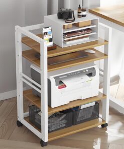 Meuble Rack Audio à 4 Niveaux avec roulettes, Meuble HiFi, Armoire de Support multimédia avec Hauteur réglable, Tour de Support Audio Robuste for Salon, Jeux, Salle d'enregistrement(White+Log)