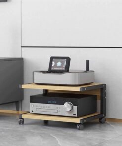Meuble multimédia AV à 2 Niveaux, Meuble HiFi, Meuble stéréo, Tour Audio en Bois avec roulettes, étagère Audio-vidéo Moderne, Console de Jeux, étagère de Divertissement(Natural,50x40x30cm)