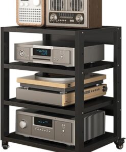Support Moderne pour Haut-parleurs HiFi, Support vidéo à 4 Niveaux avec roulettes, Style Tour en métal Robuste, étagères réglables, Meuble élégant adapté aux Bureaux à Domicile et aux télévi