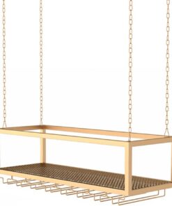 SWJ Creative Étagère à vin Suspendue en métal avec Verres à Champagne, étagère de Rangement pour Verres à Pied, Support pour Bouteilles de vin monté au Plafond pour Bar, doré, 120 x 25 x 20
