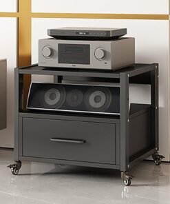 Meuble Hi FI AV, Support de Rack Audio avec Tiroir de Rangement, Meuble Stéréo avec roulettes, Meuble Audio Vidéo avec Étagères Réglables, for Maison, Bureau(2 Tier 50x40x48CM)
