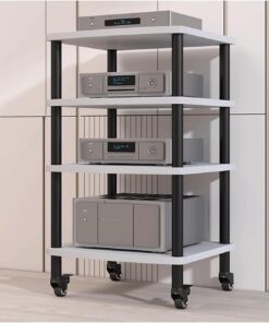 Support multimédia AV à roulettes, meuble stéréo moderne, étagère for console de réception, support for composants audio en bois, support HIFI for salon, salle d'enregistrement(Walnut,4 Tier)