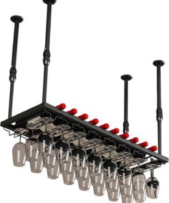 Casier à vin Suspendu en Fer Noir avec Plafond Flottant réglable, Support pour Verre à vin et Bouteille pour Bar de Cuisine ou décoration d'armoire (Taille : 120 cm x 30 cm)
