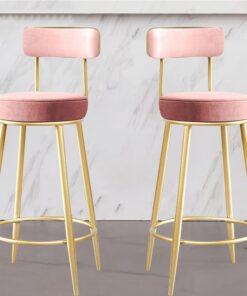 Lot de 2 Chaise de Comptoir en Velours, Tabourets de Bar avec Dossier et Repose-Pieds en Métal, Chaises de Bar Rembourrées Roses pour Cuisine, Salon, Bar