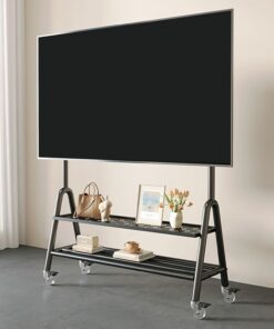 Support TV sur Pied Mobile Réglable, Chariot TV Mobile avec Plateau de Rangement Double Couche, Meuble TV Mobile avec Poulie Rotative À 360°, pour Écran de 60 À 100 Pouces(Black A)