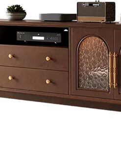 Meuble TV, Banc TV en Bois Massif, 150x40x58cm, Porte en Verre Trempé, Console-multimédia Moderne, Table Television avec Tiroirs, pour Salon, Chambre À Coucher(Brown B)