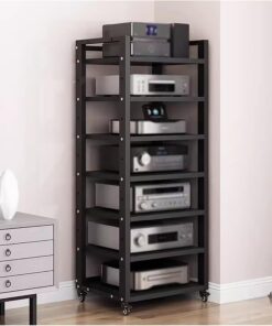 Support stéréo à 7 Niveaux de 140 cm de Haut, Armoire de Rangement multimédia, Support Audio et vidéo, amplificateur de Haut-Parleur Ouvert, Support de Tourne-Disque avec étagères/Roues régl