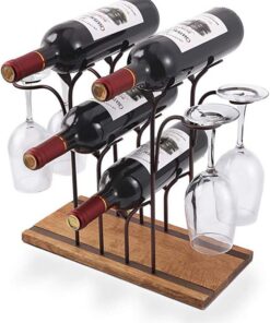 Casier à vin, autoportant en Bois et Acier Inoxydable, Peut contenir 4 Bouteilles de vin et 4 Verres, pour Cuisine, Salle à Manger, Bar, décoration de Cuisine à la Maison